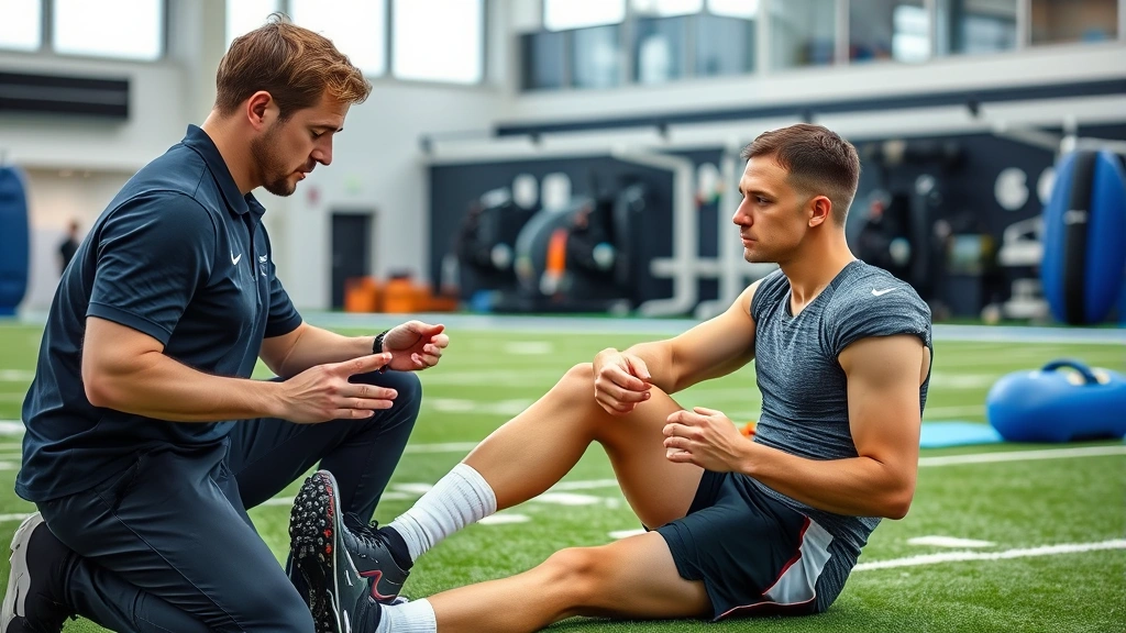 Athletic trainer providing injury assessment and rehabilitation guidance to athlete on field, professional medical setting, focused concentration, modern sports medicine facility with equipment visible in background
