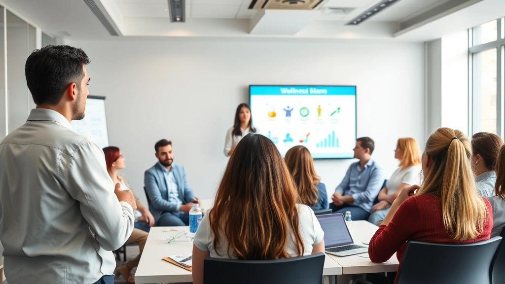 Team health professional leading workplace wellness seminar to diverse group of employees in contemporary conference room, interactive presentation with wellness visuals and engaged participants