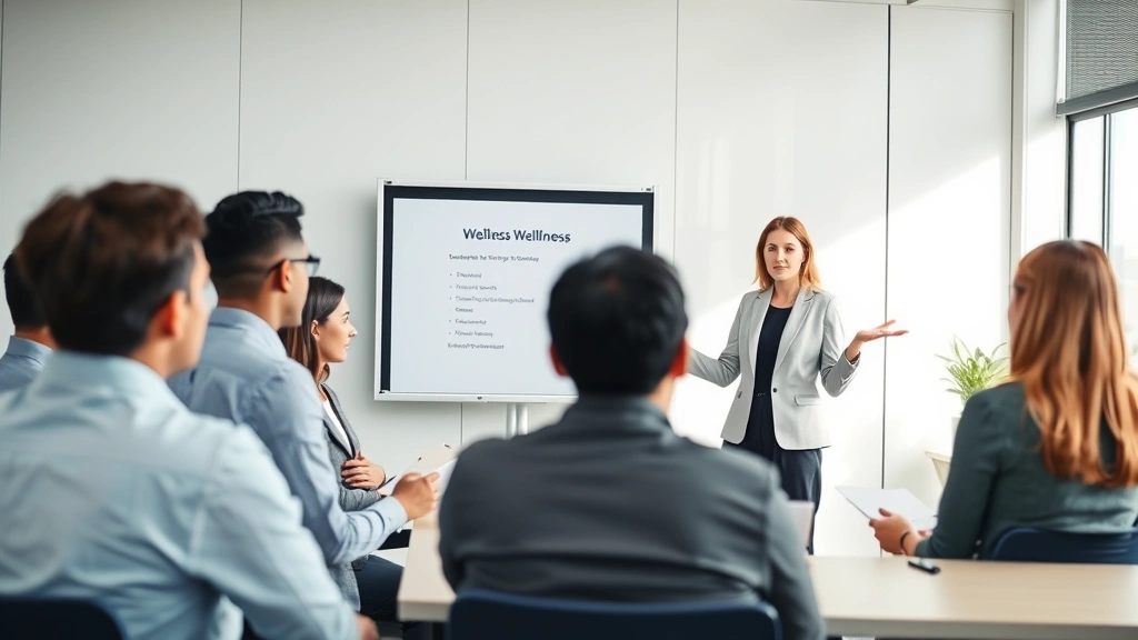 Corporate wellness program coordinator leading health seminar for diverse group of employees in conference room, presenting wellness initiatives, engaged participants taking notes, professional business environment, natural light
