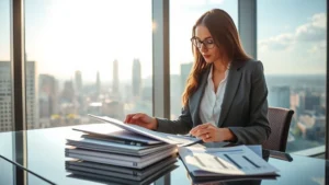 Professional woman in business attire reviewing financial documents and investment portfolio on modern glass desk with cityscape view of Fort Worth skyline in background, natural sunlight streaming through windows
