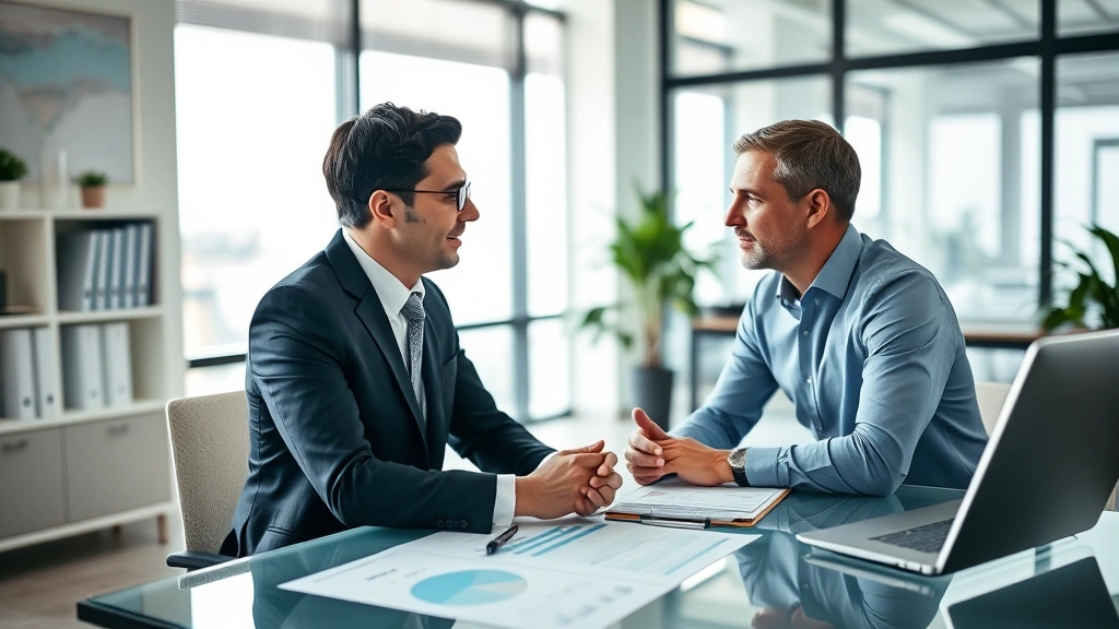 Professional financial advisor meeting with clients in modern office, discussing investment portfolio with charts and documents on desk, natural lighting from windows, confident and trustworthy atmosphere
