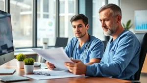 Professional healthcare worker in scrubs reviewing financial documents and investment portfolio at modern office desk, natural lighting, confident expression, financial charts visible on computer screen in background