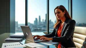 Professional woman in business attire working at modern desk with laptop and financial documents spread out, natural lighting from window, Texas skyline visible in background, confident expression, wealth and success theme