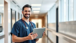 Professional male healthcare worker in scrubs confidently holding tablet, standing in modern hospital corridor with natural lighting, looking directly at camera with confident smile