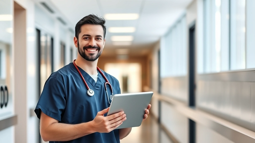 Professional male healthcare worker in scrubs confidently holding tablet, standing in modern hospital corridor with natural lighting, looking directly at camera with confident smile
