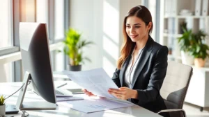 Professional woman in business attire reviewing financial documents at a modern desk with computer, natural sunlight, confident expression, office environment