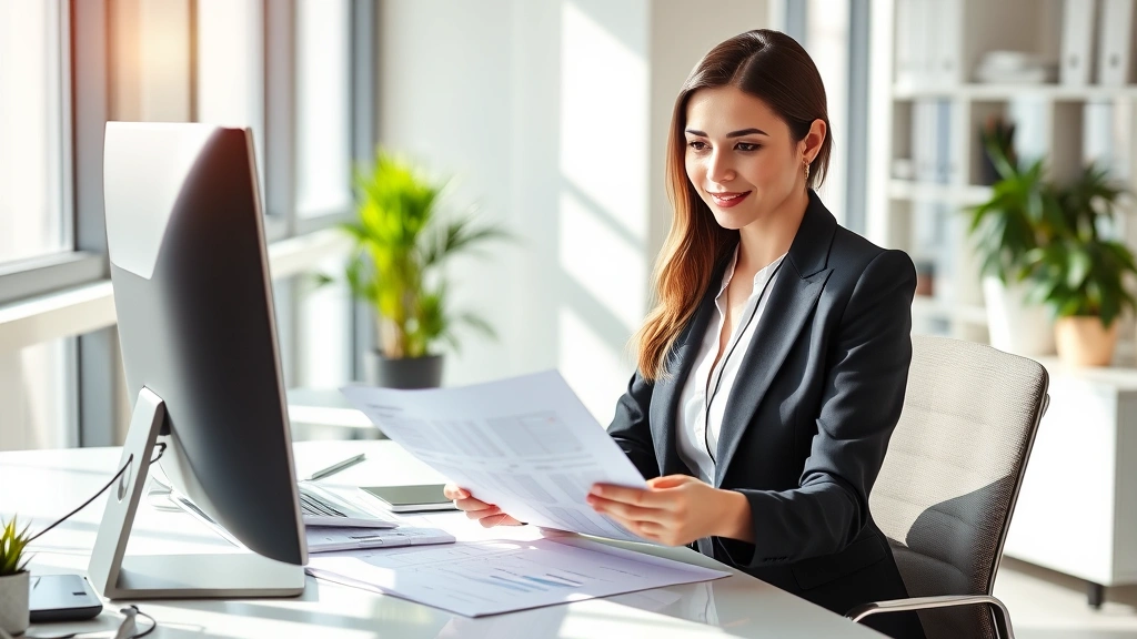 Professional woman in business attire reviewing financial documents at a modern desk with computer, natural sunlight, confident expression, office environment