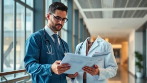 Professional healthcare worker in modern hospital environment reviewing financial documents and investment portfolio on tablet, confident and focused, natural lighting through large windows, contemporary office setting