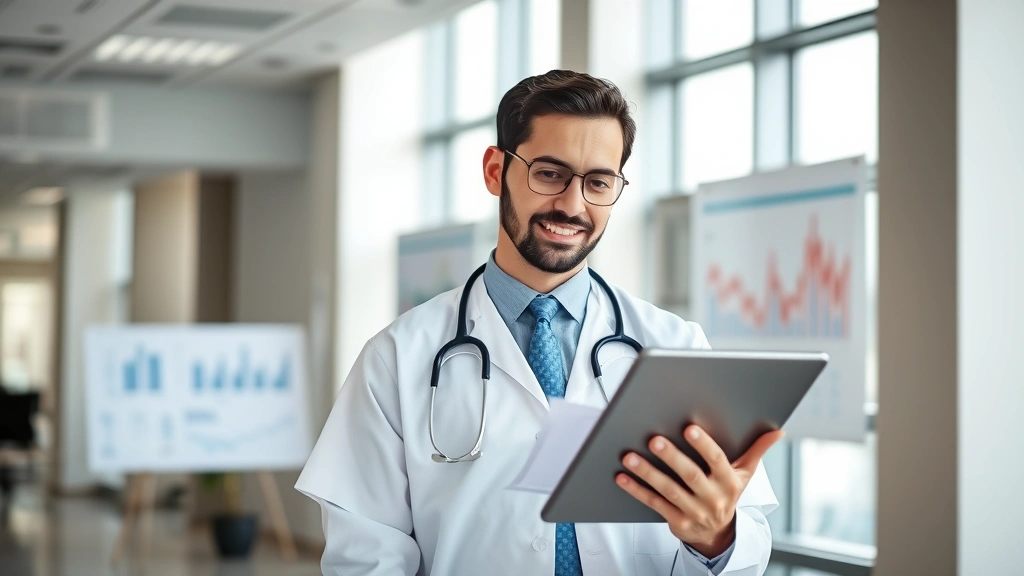 Professional healthcare worker in modern hospital setting reviewing financial documents and investment portfolio on tablet device, confident expression, financial charts visible in background, natural lighting from office windows