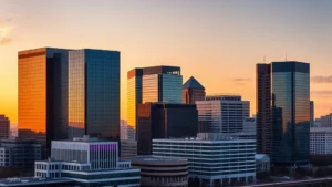 Modern downtown Fort Worth skyline at sunset with glass buildings reflecting golden light, professional business district, urban landscape photography