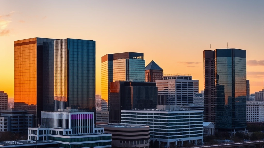 Modern downtown Fort Worth skyline at sunset with glass buildings reflecting golden light, professional business district, urban landscape photography