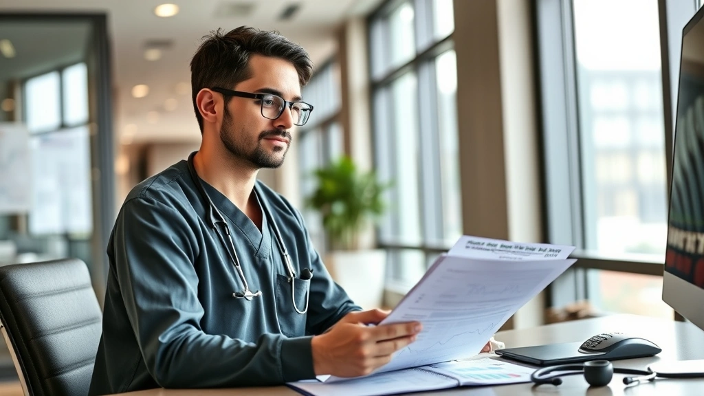 Professional healthcare worker in modern Fort Worth hospital setting, wearing scrubs, reviewing financial documents and investment charts at a desk, natural daylight from office window, confident expression, modern office environment with stethoscope nearby