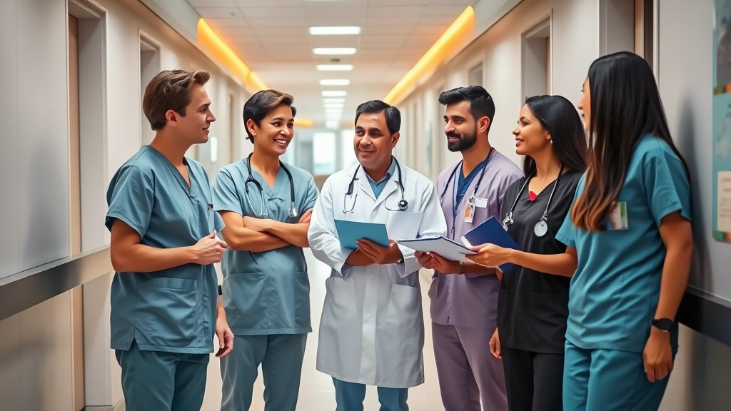 Diverse group of healthcare professionals in scrubs discussing career advancement and financial planning in modern hospital corridor with contemporary architecture and warm lighting