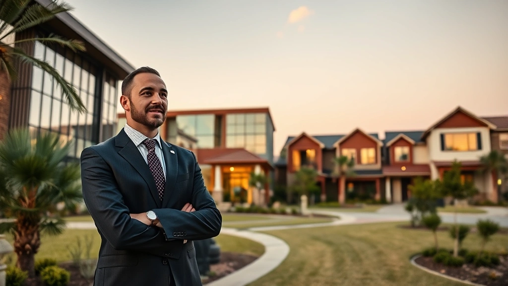 Successful business professional in Texas looking at residential and commercial real estate properties, standing in front of modern buildings and homes, representing property investment opportunities