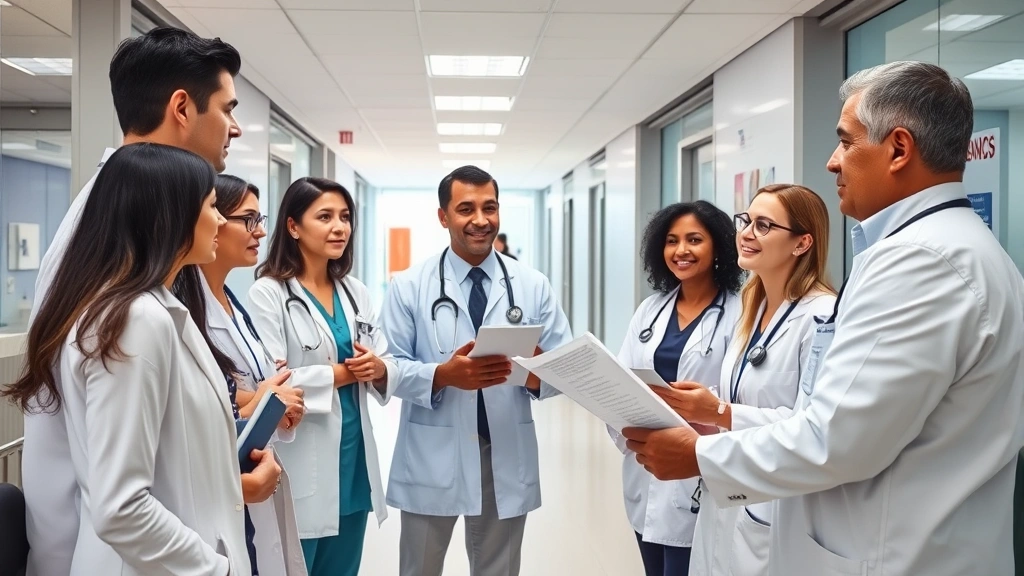 Diverse group of medical professionals in hospital setting discussing retirement planning with financial advisor, modern healthcare facility interior, collaborative atmosphere, professional attire
