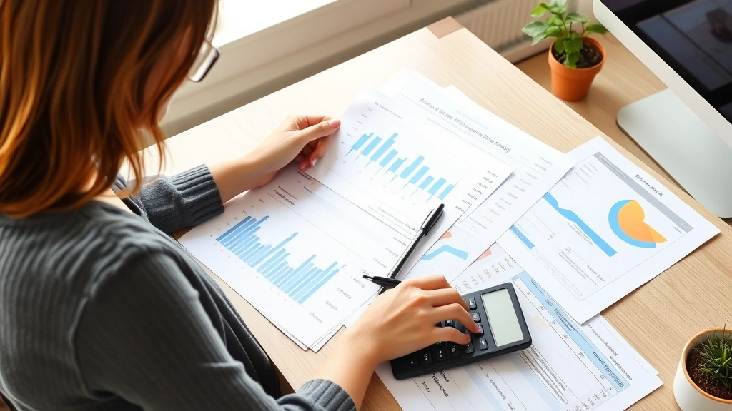 Young woman at desk reviewing financial documents, investment portfolio spreadsheets, and planning documents with calculator and pen, natural office lighting