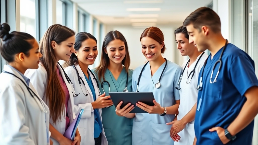 Diverse group of young professionals in healthcare uniforms discussing investment portfolio on tablet, collaborative atmosphere, modern clinic or hospital corridor background