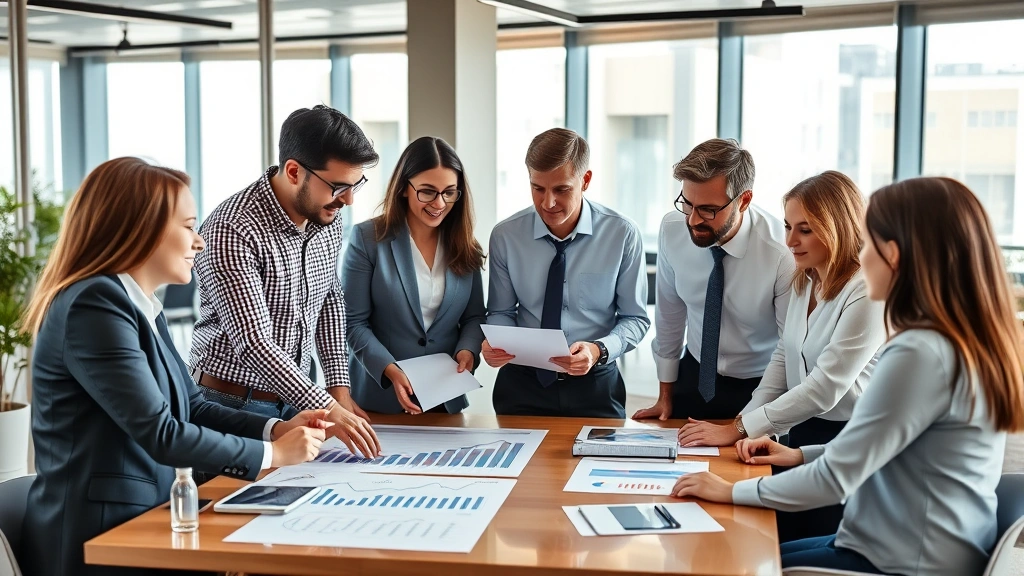 Diverse group of professionals in business casual attire collaborating around table with financial charts and growth graphs visible, discussing investment strategy, modern corporate workspace with natural light