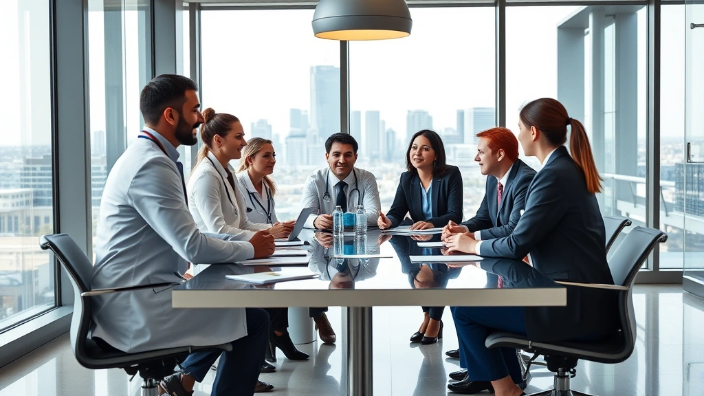 Diverse group of healthcare professionals (doctors, nurses, administrators) in business casual attire having collaborative meeting in modern conference room with Texas skyline visible through windows, discussing growth strategies