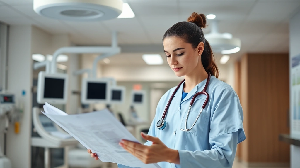 Professional healthcare worker in medical facility reviewing patient charts, modern hospital interior with contemporary equipment, healthcare industry scene