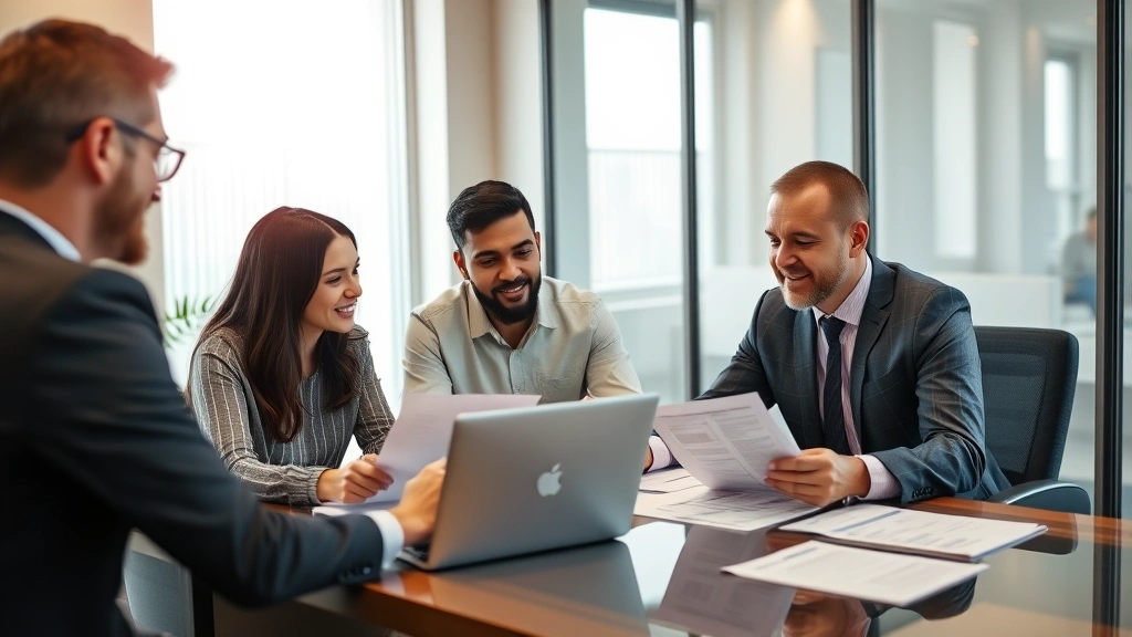 Young diverse couple meeting with financial advisor in contemporary office, reviewing investment portfolio documents and retirement planning materials, laptop and financial reports on desk, warm professional lighting, collaborative atmosphere