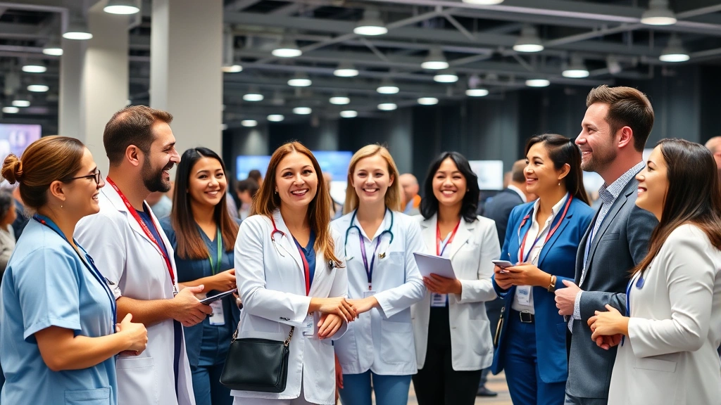 Diverse group of healthcare professionals in scrubs and business casual attire networking at professional conference, smiling and shaking hands, modern convention center setting, collaborative and ambitious atmosphere