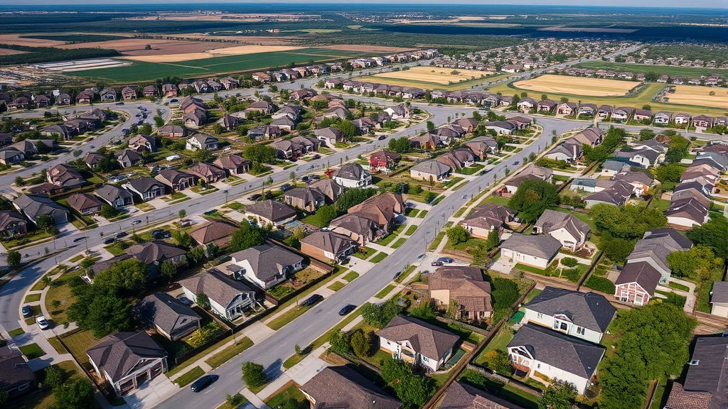 Aerial view of suburban Texas neighborhood with new residential developments, green spaces, and modern homes showcasing real estate investment opportunities and property appreciation