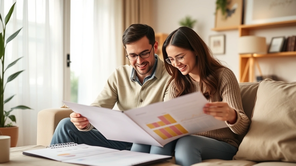 Family reviewing financial goals and savings progress together at home, looking at growth charts and planning future investments, warm and optimistic setting representing wealth accumulation success