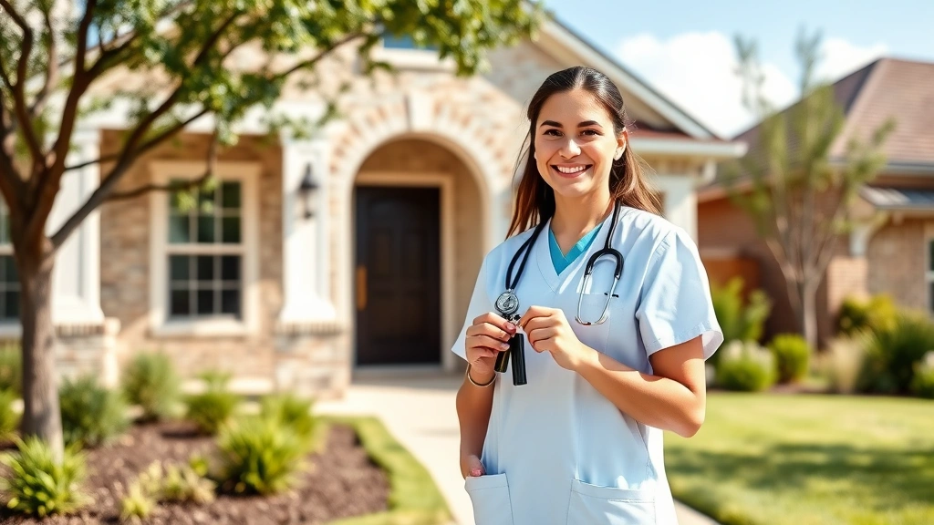 Young healthcare professional standing in front of new home, holding keys, smiling, suburban Texas neighborhood background, successful homeowner celebration, natural daylight