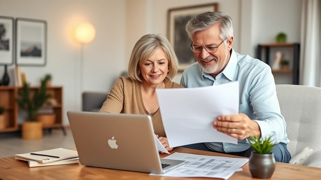 Mature couple reviewing real estate documents in contemporary home office, laptop visible, planning retirement investments, warm professional lighting