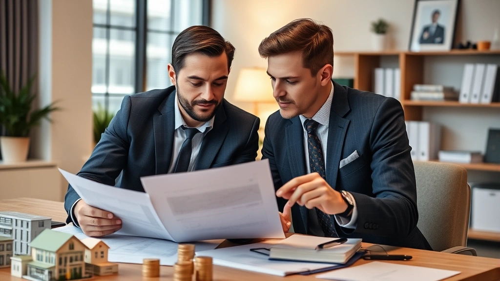 Successful individual reviewing comprehensive financial plan with advisor, surrounded by symbols of wealth including property models and investment documents, modern professional office, warm professional atmosphere