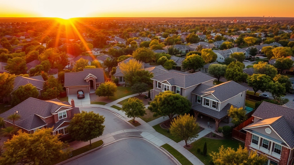 Upscale Fort Worth neighborhood with modern homes at sunset, tree-lined streets, attractive residential properties showing real estate appreciation potential, golden hour lighting, peaceful suburban setting