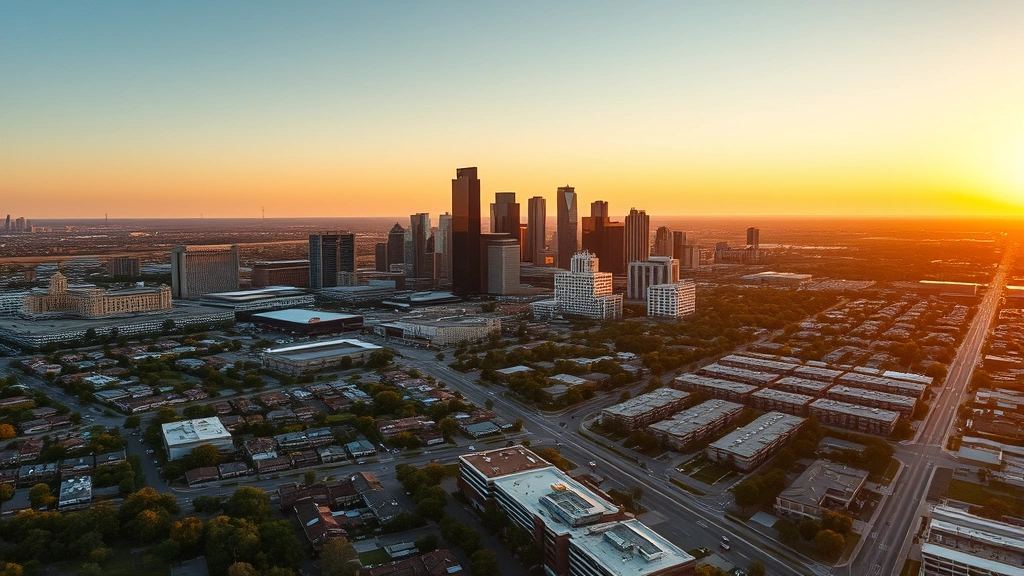 Aerial view of Fort Worth downtown skyline with residential neighborhoods and new construction developments, modern urban landscape, growth and prosperity, sunset golden hour lighting, no text or labels visible