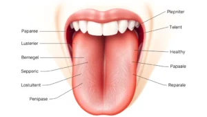 Professional medical illustration showing healthy tongue anatomy with labeled papillae and blood vessels, clinical educational style, clean white background, photorealistic