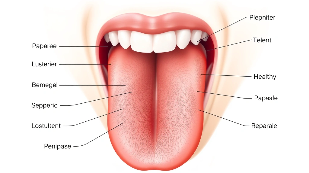 Professional medical illustration showing healthy tongue anatomy with labeled papillae and blood vessels, clinical educational style, clean white background, photorealistic
