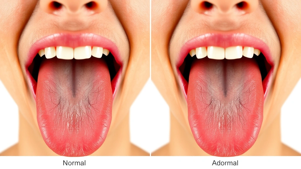 Side-by-side comparison of normal and abnormal tongue presentations, medical reference chart style, showing different textures and conditions, professional healthcare imagery