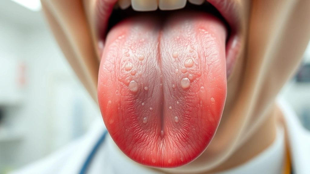 Close-up of tongue surface showing various papillae formations and healthy pink coloration, medical diagnostic photography, well-lit clinical setting, educational reference quality