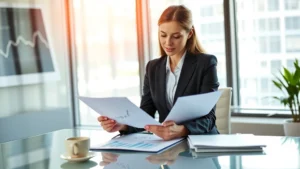 Professional woman in business attire reviewing financial documents and charts at a modern desk with morning coffee, natural sunlight streaming through office window, confident expression, wealth accumulation concept