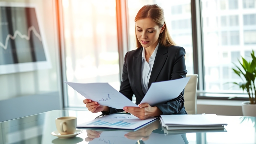 Professional woman in business attire reviewing financial documents and charts at a modern desk with morning coffee, natural sunlight streaming through office window, confident expression, wealth accumulation concept