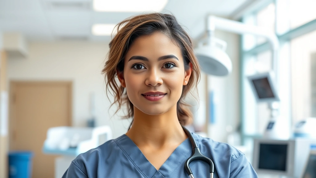 Professional healthcare worker in modern hospital setting, wearing scrubs, standing confidently in bright clinical environment with medical equipment visible in background, natural lighting, focused expression