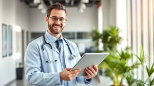 Professional healthcare worker in modern medical facility confidently reviewing financial documents and investment portfolio on tablet, bright natural lighting, modern office environment with plants, showing financial success and professional growth