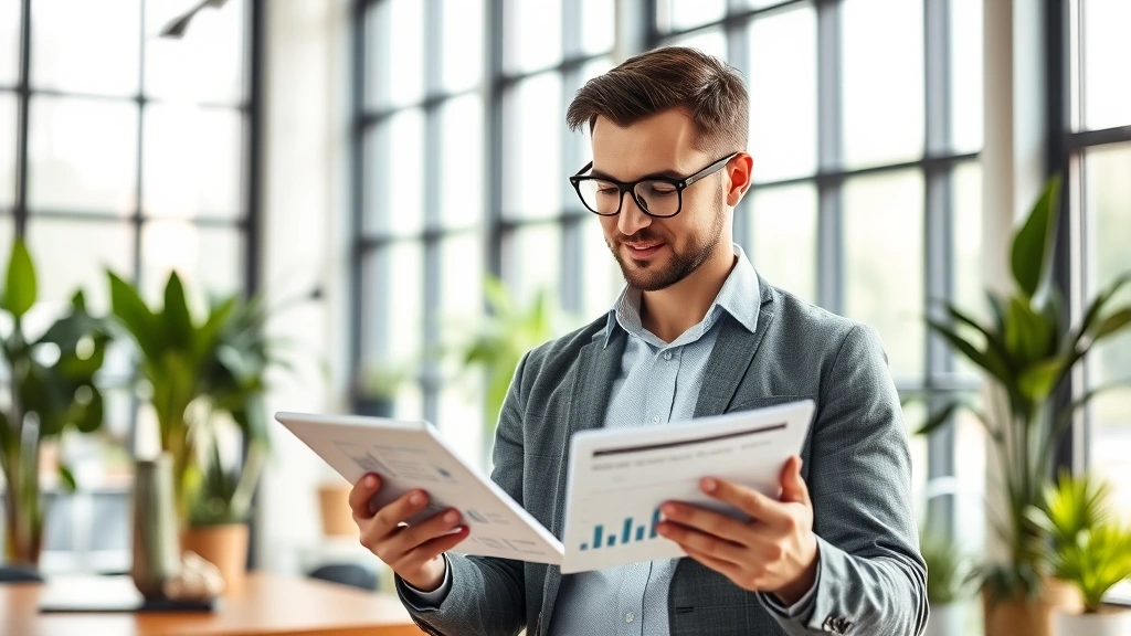 Prosperous professional in modern office environment reviewing financial documents and health metrics on tablet, natural lighting from floor-to-ceiling windows, calm focused expression, plants and wellness elements visible in background
