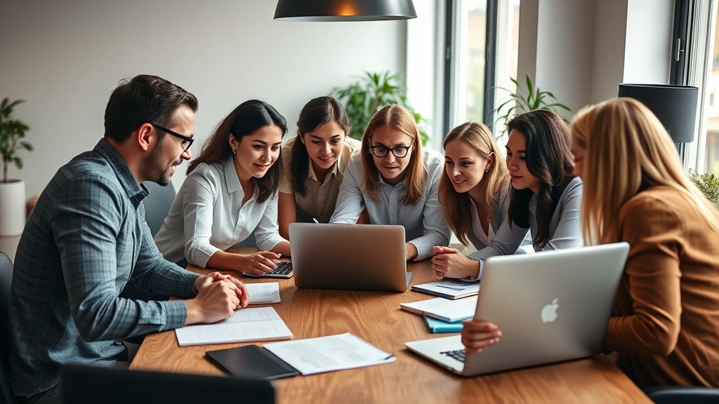 Diverse group of professionals collaborating around a wooden table with laptops and notebooks, discussing investment strategy, successful team meeting atmosphere, warm office lighting, growth mindset