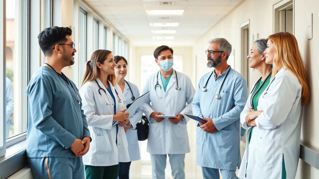 Diverse group of healthcare professionals collaborating in hospital corridor, discussing patient care, warm professional atmosphere, natural daylight from windows, modern healthcare facility
