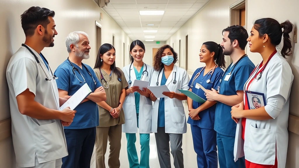 Diverse group of healthcare professionals in hospital corridor having informal discussion about career advancement and financial planning, wearing scrubs and professional attire, collaborative atmosphere, natural hospital lighting, representing teamwork and shared knowledge
