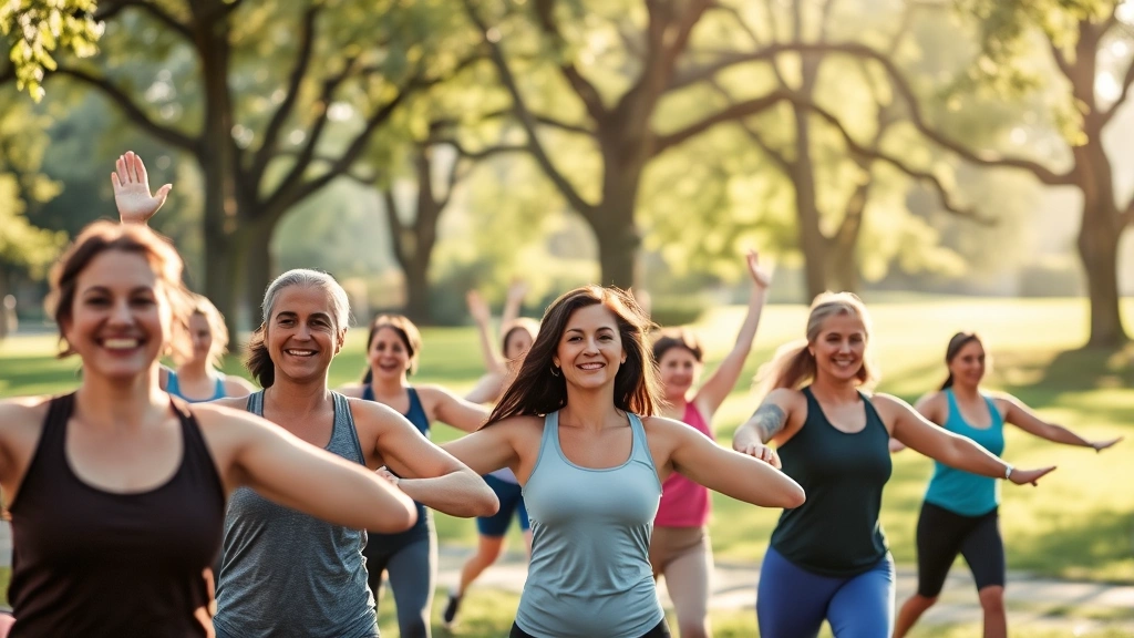 Diverse group of people participating in outdoor fitness class in park, morning sunlight, genuine smiles and engaged postures, trees and natural setting, representing community wellness and health investment