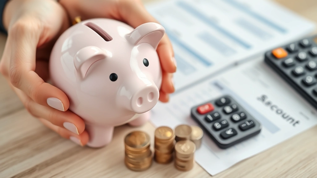 Close-up of hands holding a piggy bank next to stacked coins and a savings account statement, soft focus background with blurred calculator and financial documents, financial security concept