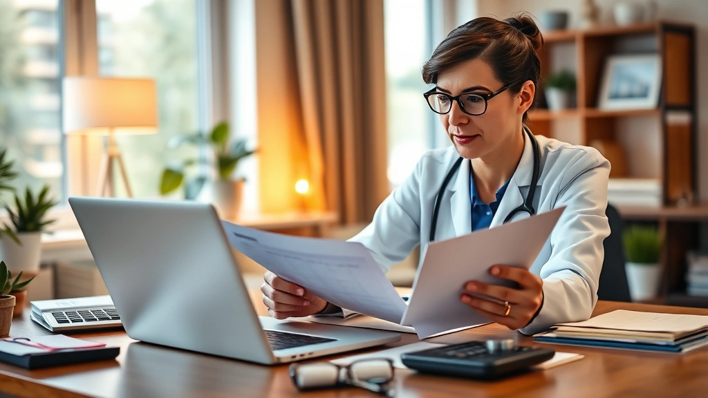 Healthcare professional reviewing financial documents and investment portfolio on laptop at home office desk, calculator visible, organized workspace, warm indoor lighting, professional setting