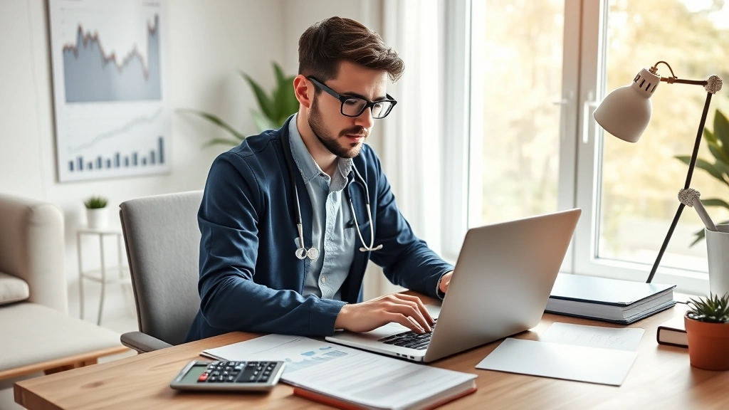 Young healthcare professional working at home office desk with laptop, investment charts visible, calculator and financial planning documents, comfortable modern workspace, natural window light streaming in, showing remote work flexibility and wealth building dedication