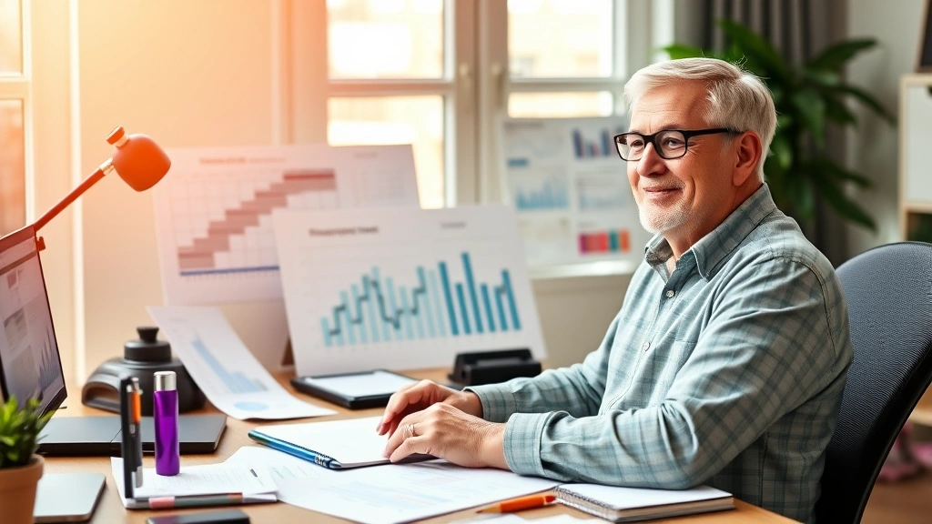 Mature adult at desk with organized financial planning materials, charts, and planning calendar, natural warm lighting, peaceful expression of financial confidence and control, home office setting with wellness elements like water bottle and exercise equipment visible